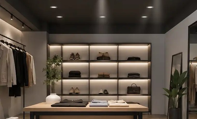 Fashion store with recessed LED downlights set into a dark ceiling above lit shelving