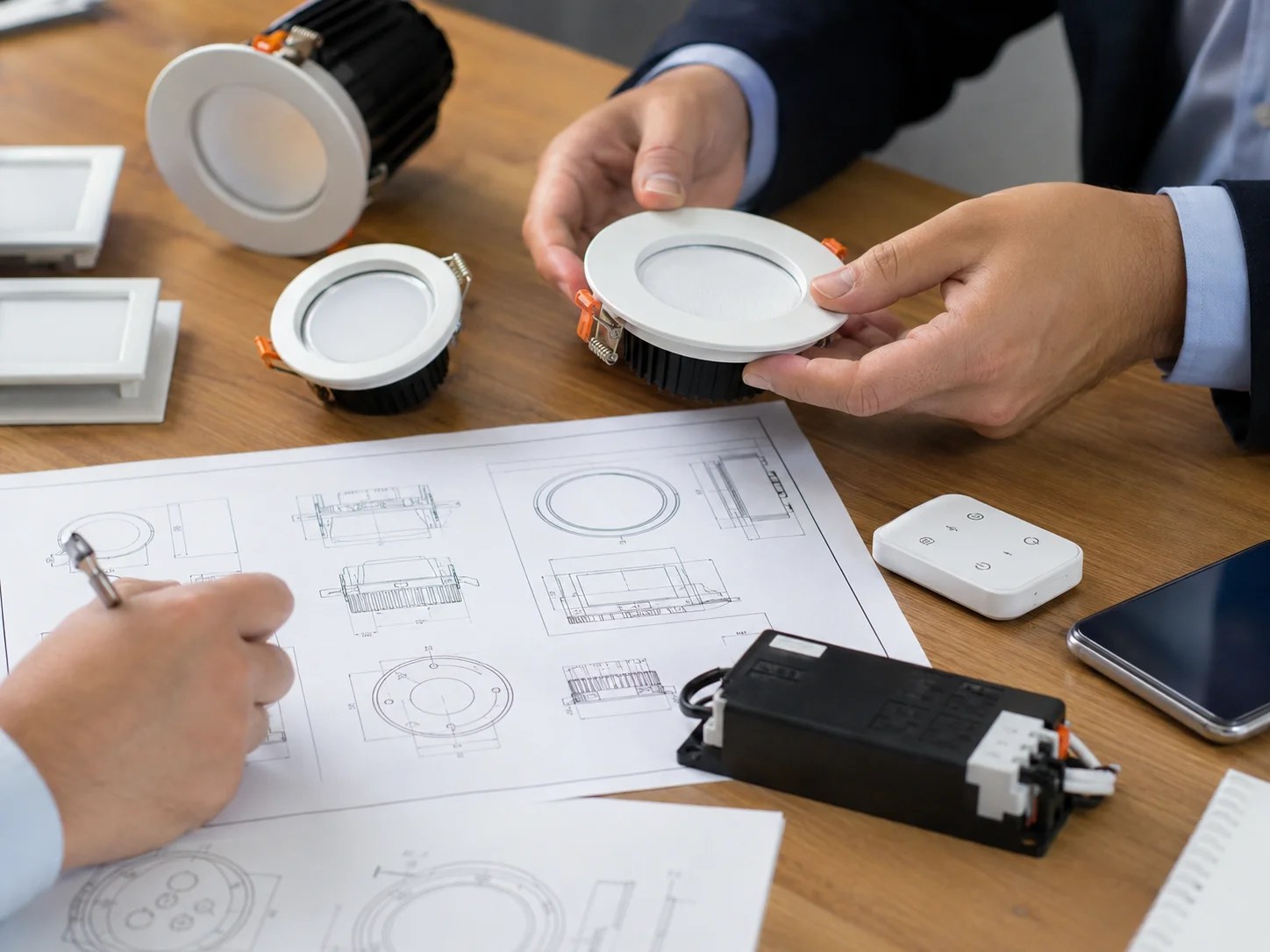 Engineer marking up downlight dimension drawings next to samples, a driver and a wall controller