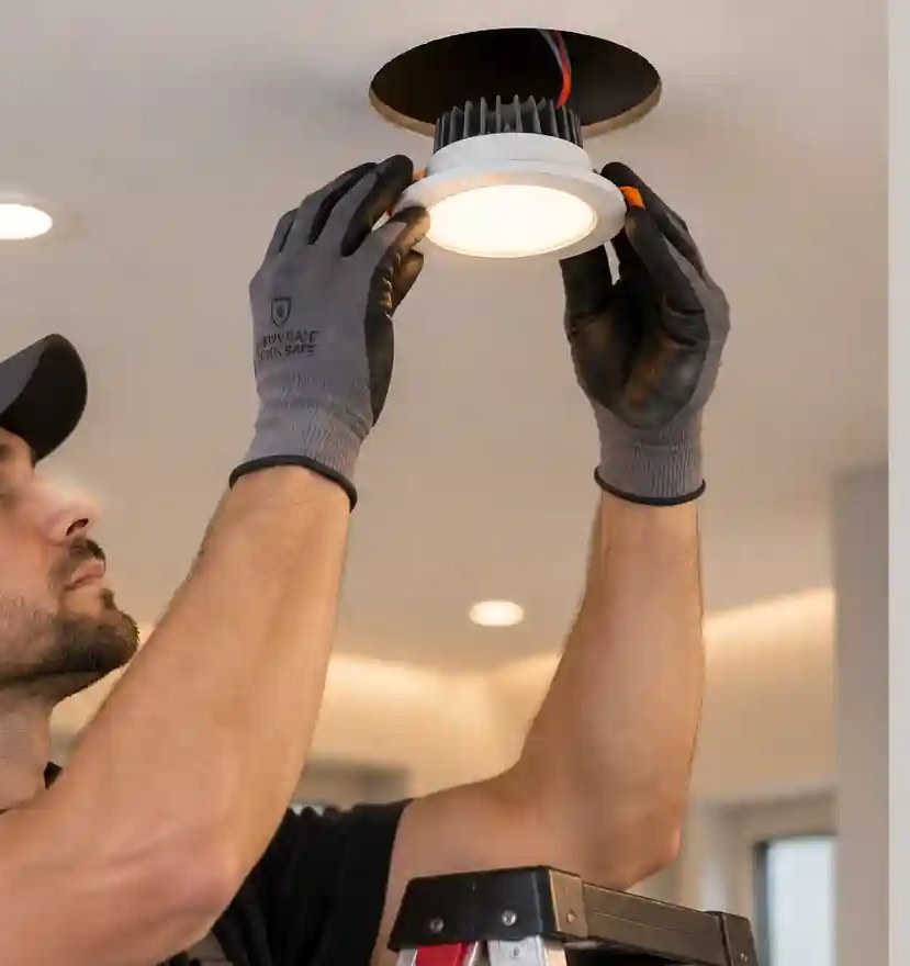 Installer pressing a recessed LED downlight into a round ceiling cut-out