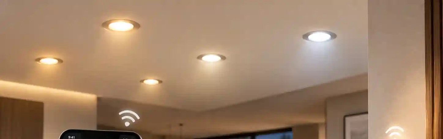 Recessed smart downlights in a ceiling at mixed colour temperatures