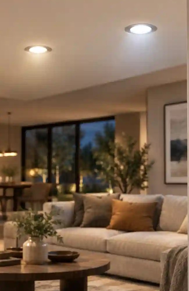 Living room lit by recessed smart downlights